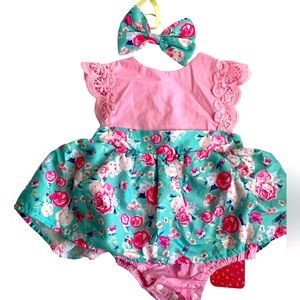 03-06 months Pink Floral Lace Bodysuit Dress With Matching Bow. Cotton Blend